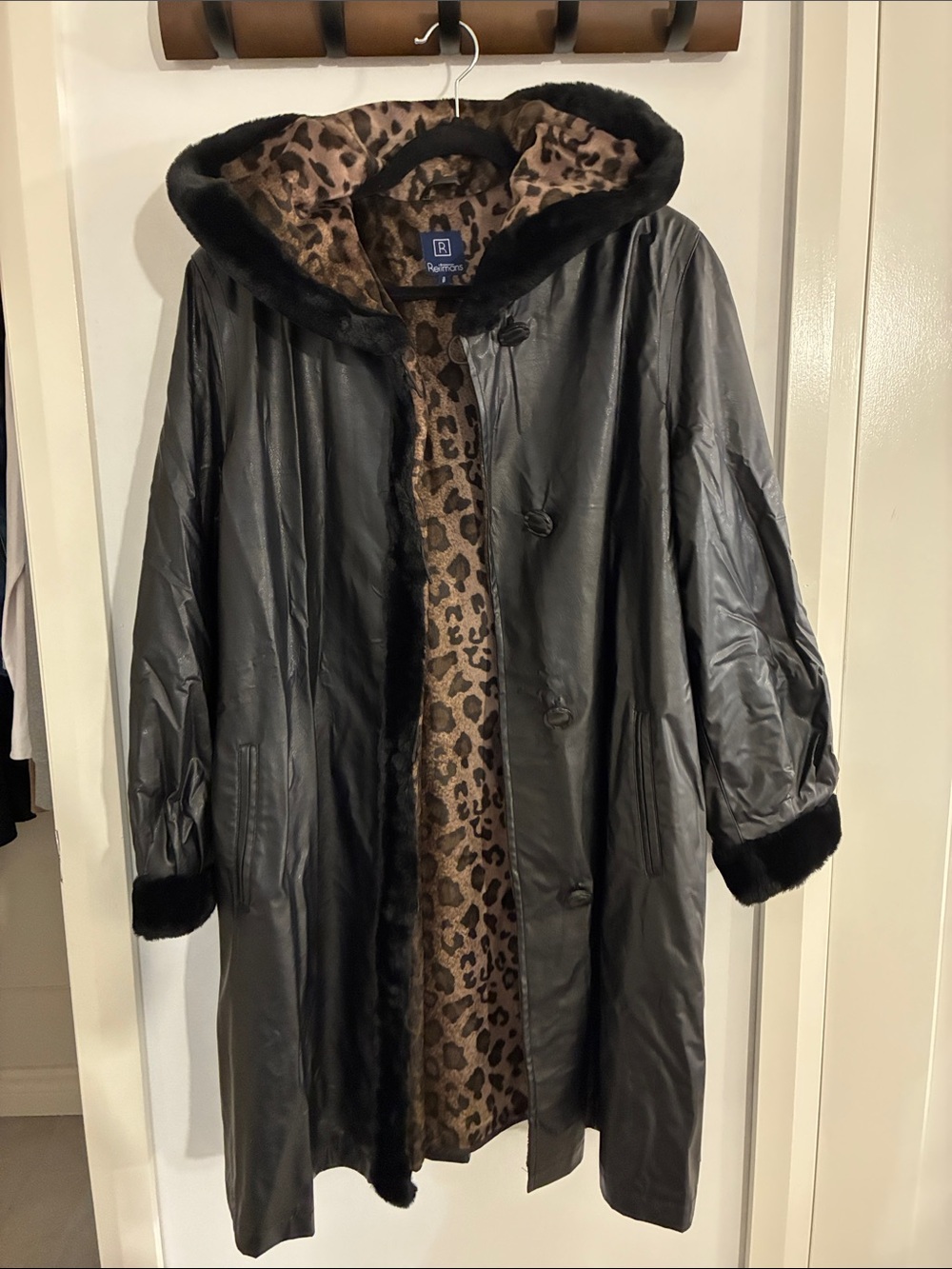 Reitmans Black Leather Trench Coat with Leopard-Print Lining
